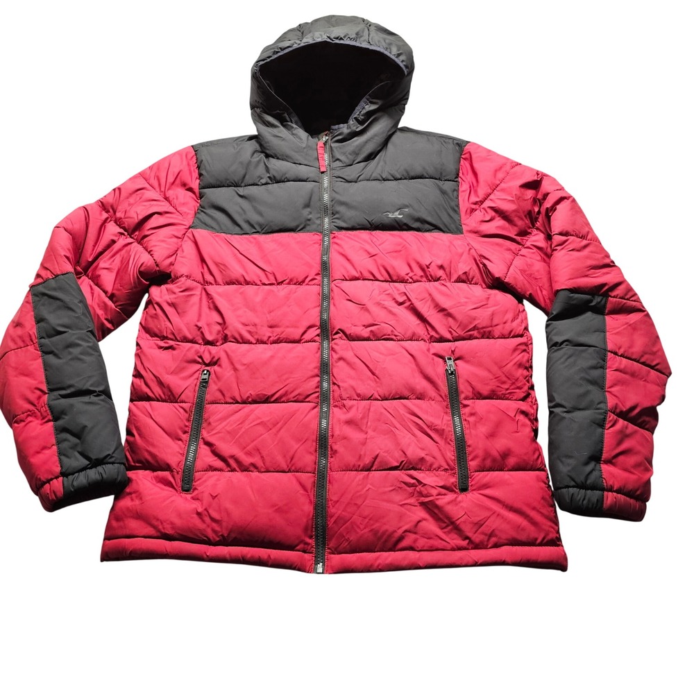 Hollister Puffer Jacket Men Large Red Black Hooded Colorblock Quilted Full Zip